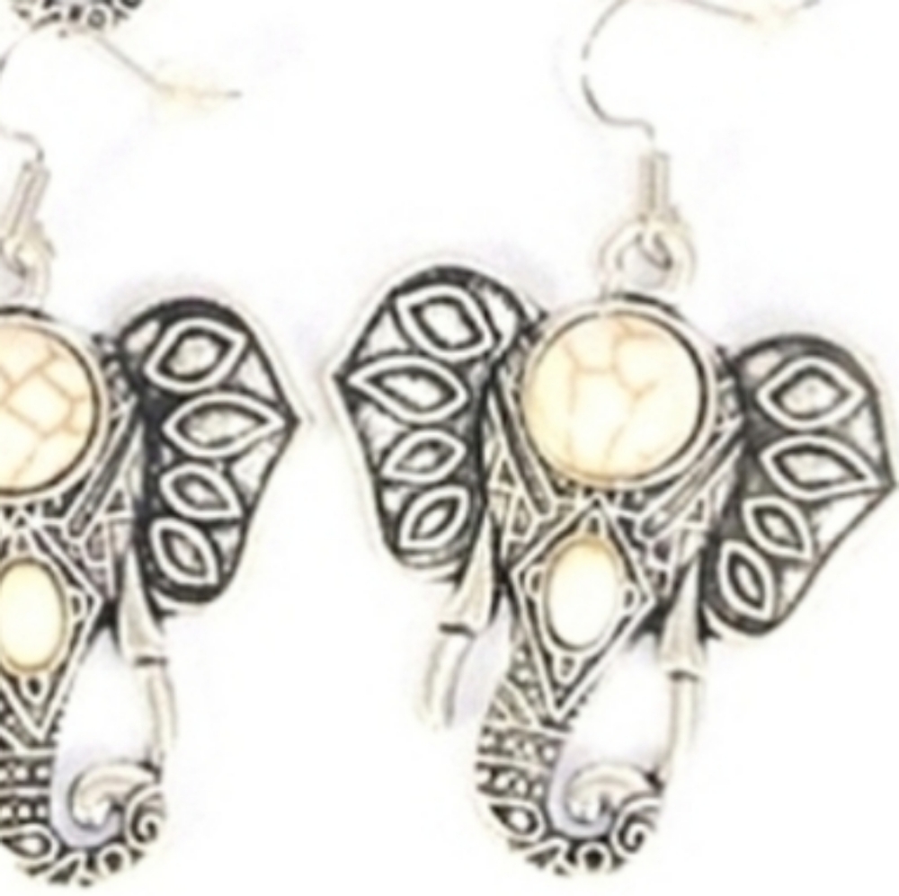 Elephant Dangle stone Earrings WHITE Ivory Silver semi precious pierced NEW NWT